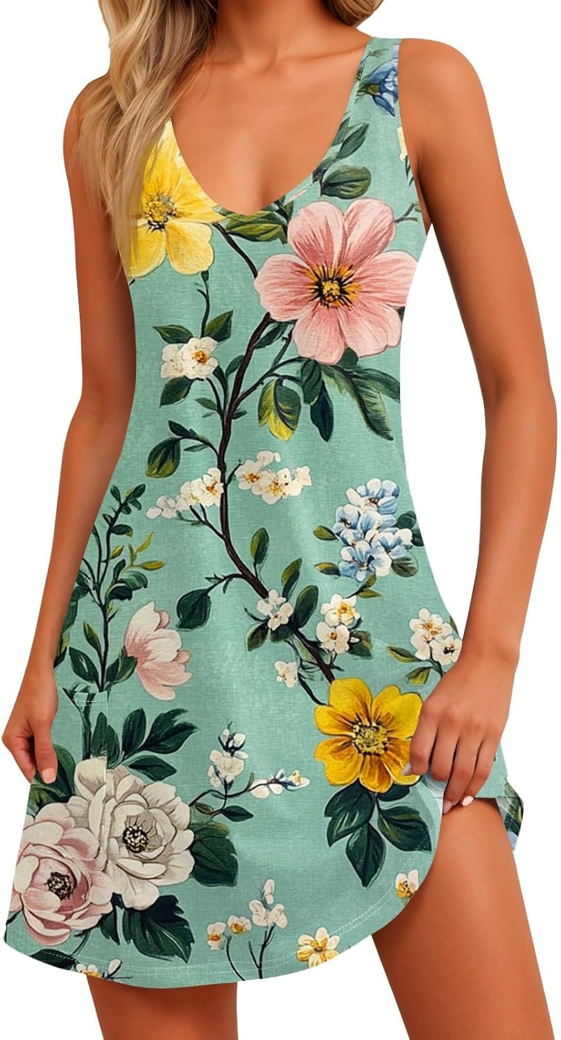 NBXNZWF Women Summer Casual Dress 2025 Casual Loose Sleeveless V-Neck Sundresses A Line Tshirt Beach Dresses with Pockets
