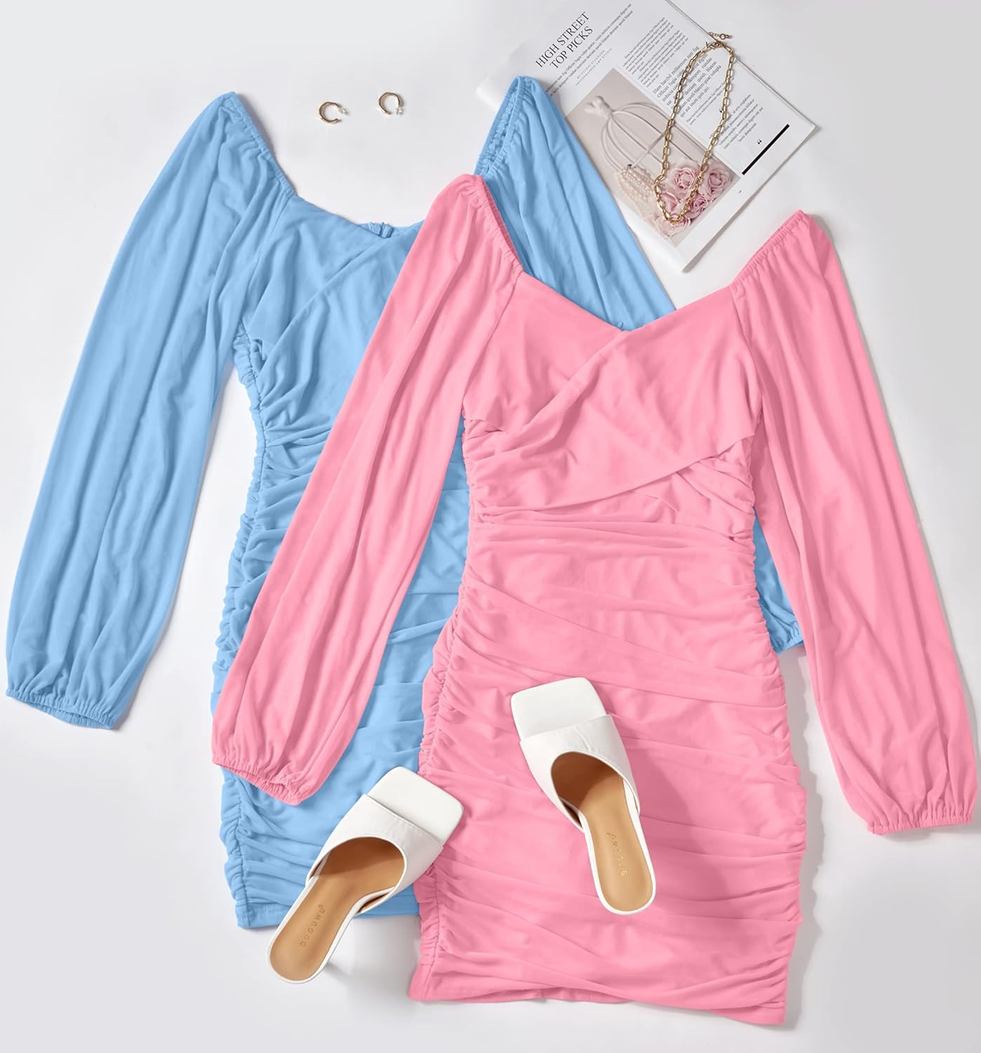 ZESICA Women's Sexy V Neck Ruched Bodycon Mini Dress Puff Long Sleeve Cocktail Wedding Party Short Dresses