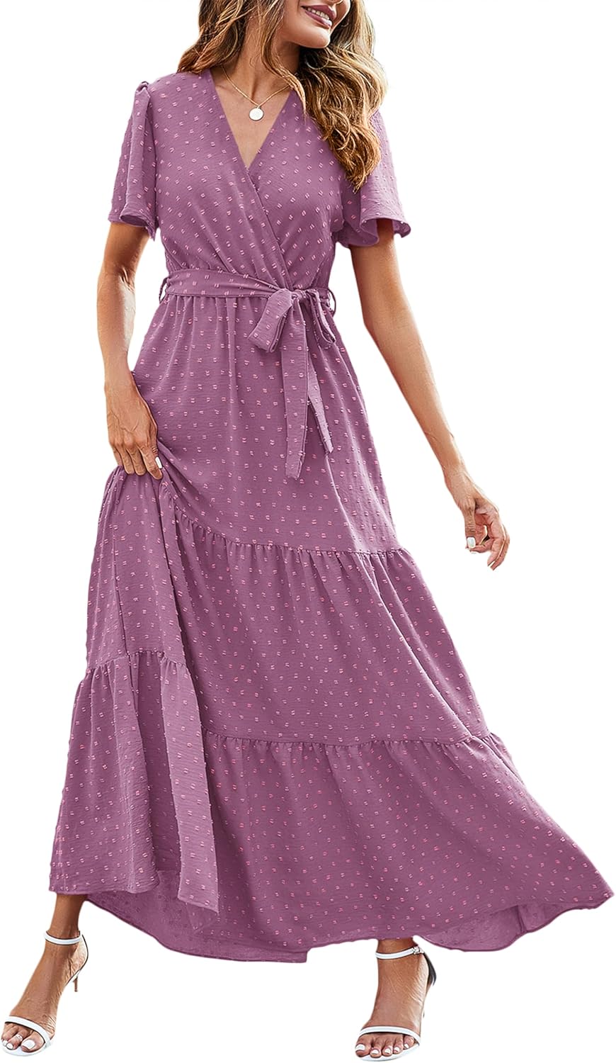 MASCOMODA Womens Boho Swiss Dot Maxi Dresses Wrap V Neck Flutter Short Sleeve Solid Tie Belt A Line Tiered Flowy Long Dress