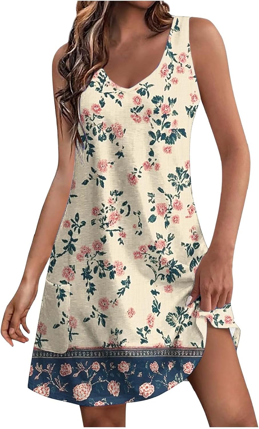 Womens 2025 Spring Summer Dresses Casual Floral Print V-Neck Tank Dress Curve Hem Pleated A-Line Sundresses