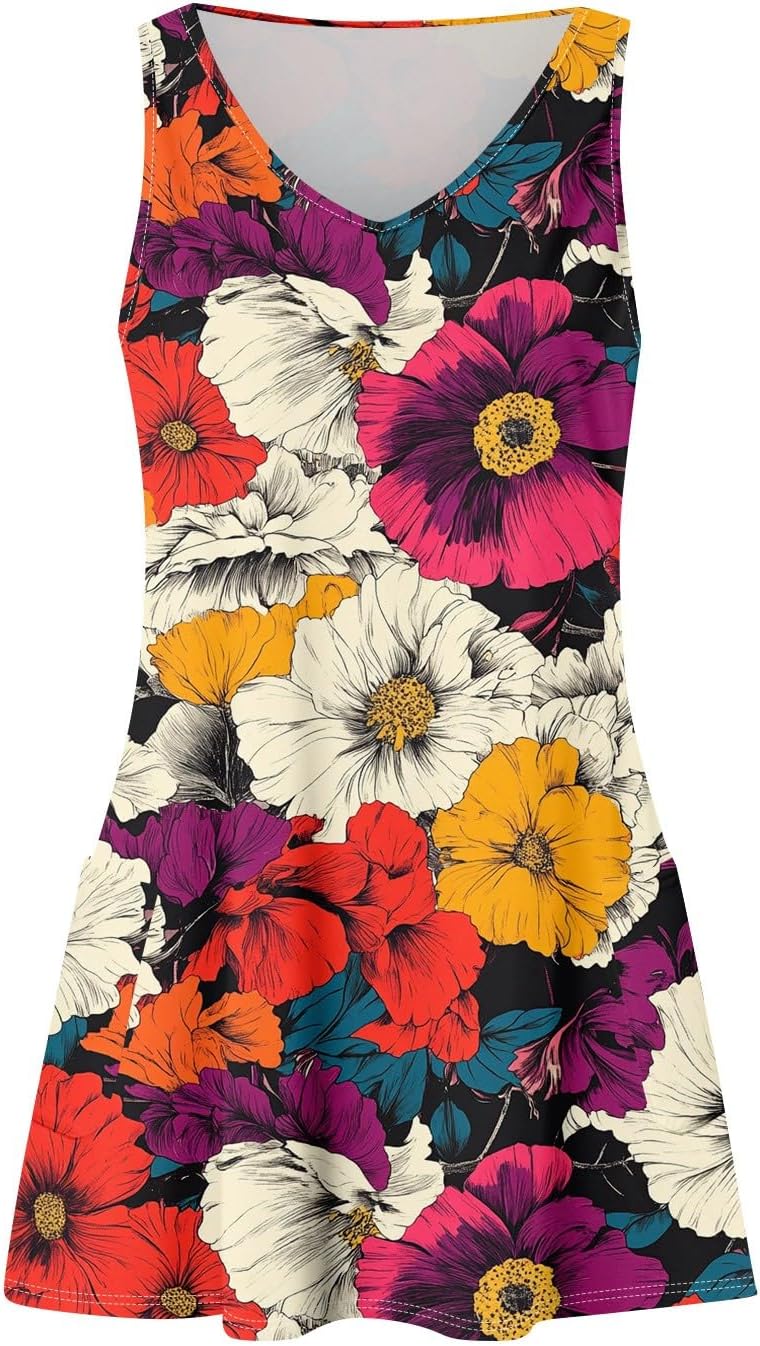 Women's Sleeveless Floral Print Summer Dress Casual V-Neck A-Line Mini Dress for Beach Party and Daily Wear