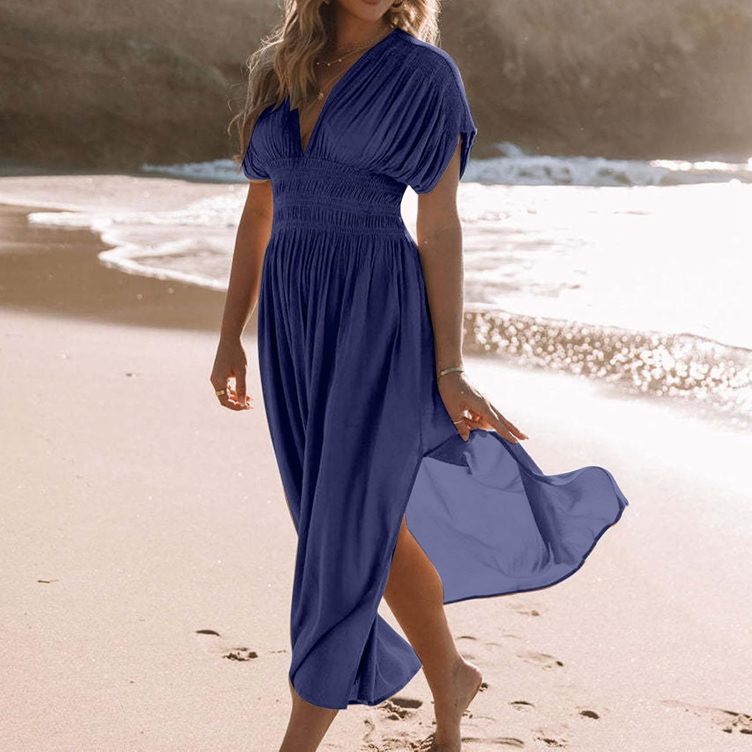 Women's Casual Maxi Dresses Ruffle Sleeve Smocked Dress High Waisted Plus Size Long Dresses Split Flowy Sundress