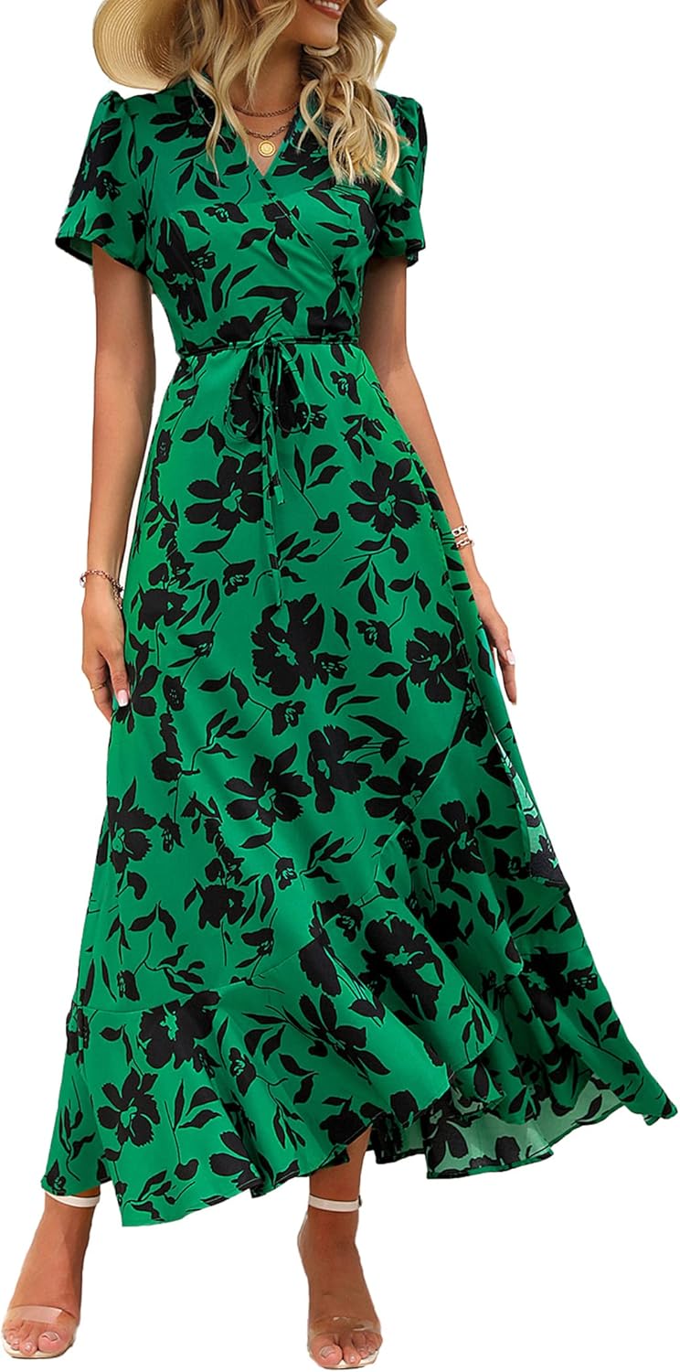 PRETTYGARDEN Women's Summer Wrap Maxi Dress Casual Short Sleeve Floral Boho V Neck Split Ruffle Beach Long Dresses