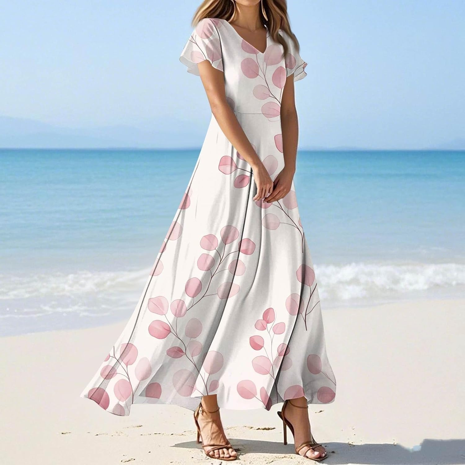 Womens Fashion V Neck Ruffle Short Sleeve Maxi Dress 2025 Summer Elegant Solid Color Flowy A Line Dresses