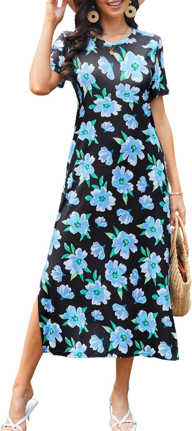 Naggoo Women's Short Sleeve Split Maxi Dress Casual Plain Tie Dye Print Tshirt Long Dresses with Pockets