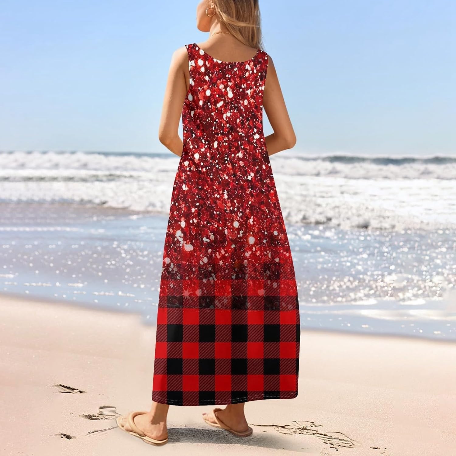 Womens Summer Tank Dress Vacation Boho Floral Long Dresses with Pockets Resort Wear Swing Beach Sleeveless Sundress