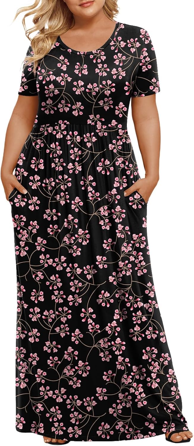 LONGYUAN Women's Plus Size Maxi Dresses for Curvy Women Summer Short Sleeve Casual 2025 Long Dress XL-6XL