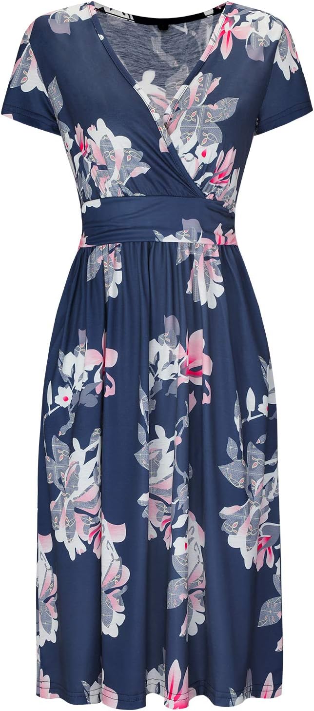 OUGES Women's Summer Short Sleeve V-Neck Floral Short Party Dress with Pockets