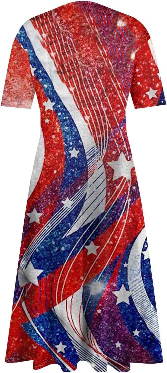 Women's Patriotic Star Print Midi Short Sleeve V-Neck Casual A-Line Dress for Summer Parties & Events