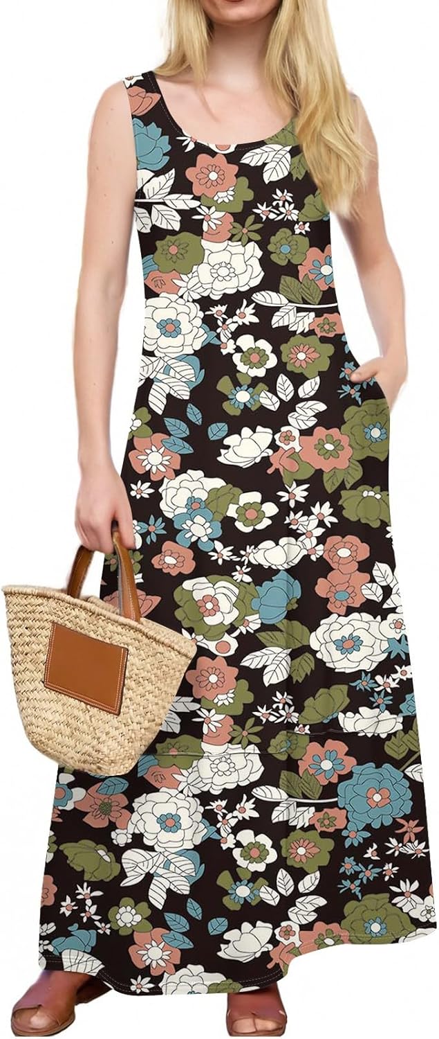 Womens Summer Tank Dress Vacation Boho Floral Long Dresses with Pockets Resort Wear Swing Beach Sleeveless Sundress
