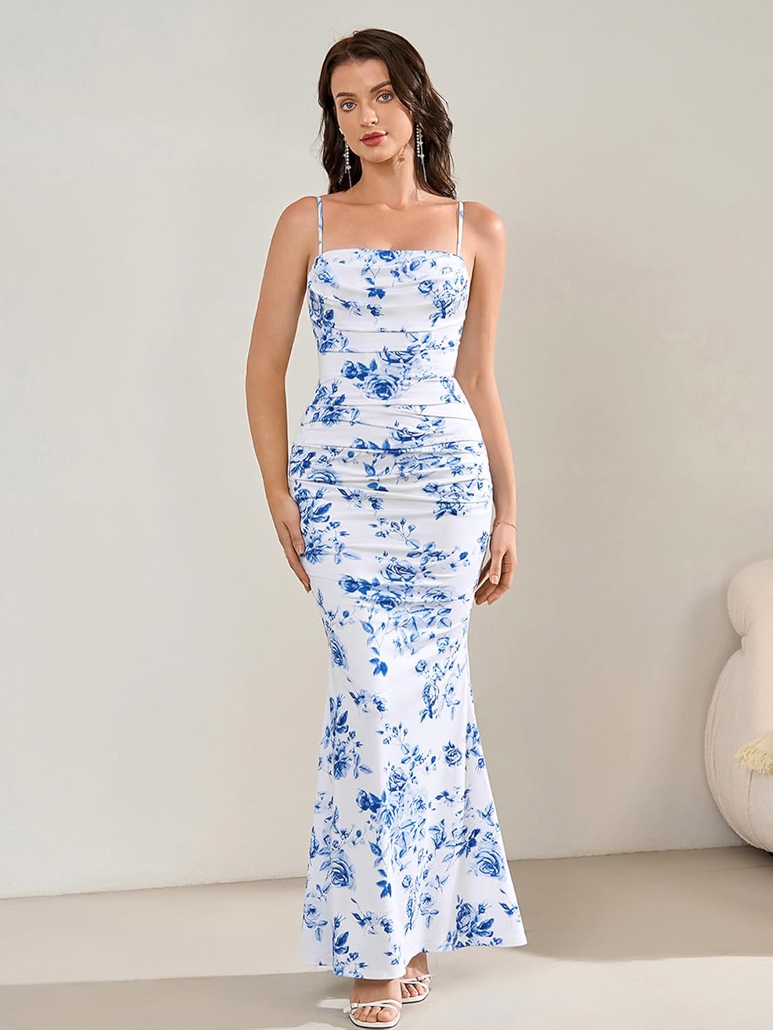 EYNMIN Women's Sleeveless Bodycon Corset Maxi Dress Spaghetti Strap Ruched Elegant Evening Wedding Guest Long Formal Dresses