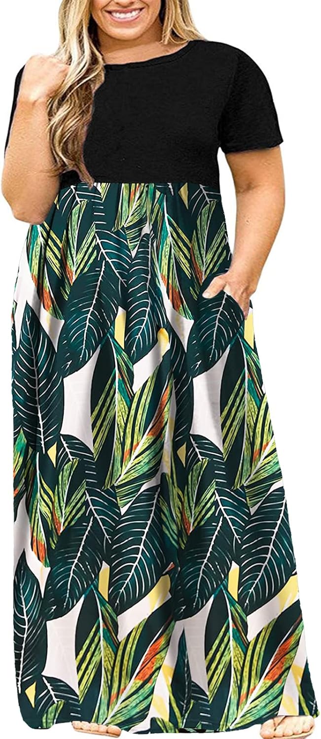 Kancystore Women's Short Sleeve Plus Size Maxi Dress with Pockets Loose Casual Summer Dresses