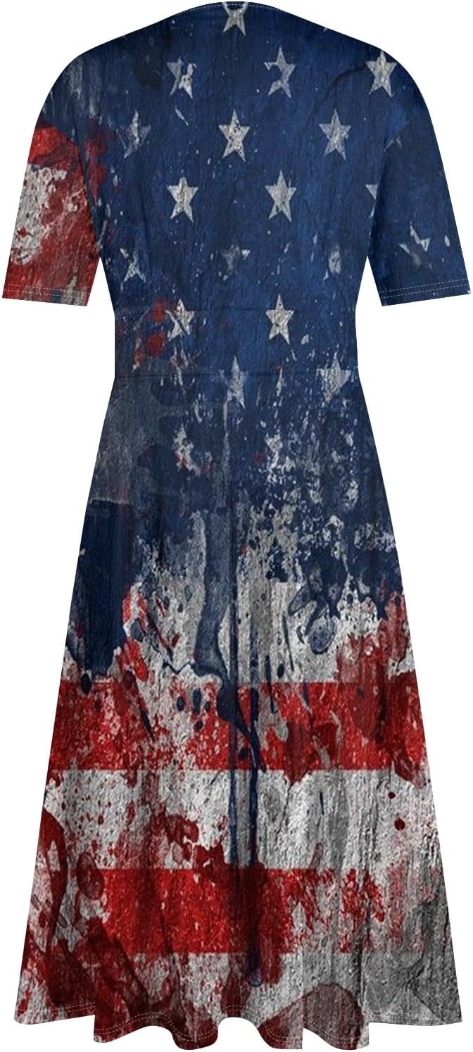Women's Patriotic Star Print Midi Short Sleeve V-Neck Casual A-Line Dress for Summer Parties & Events