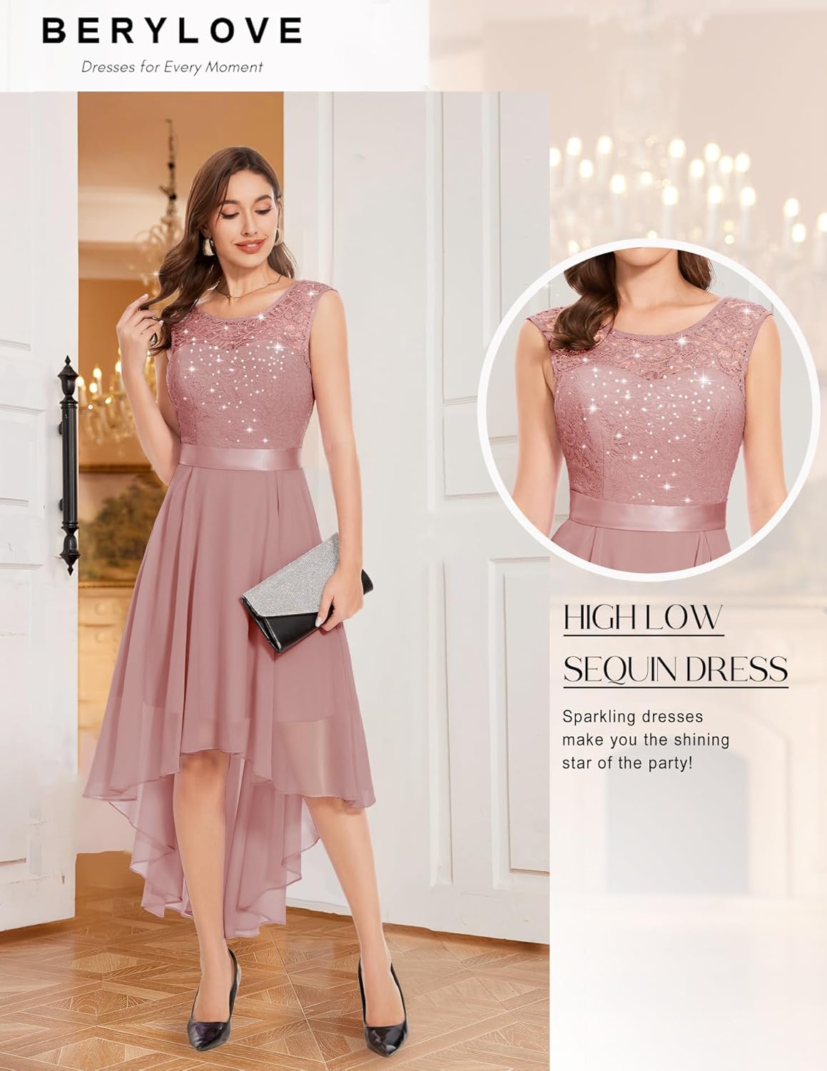 BeryLove Cocktail Prom Dresses 2025 Formal Wedding Guest Dresses Sleeveless Lace High Low Homecoming Dress