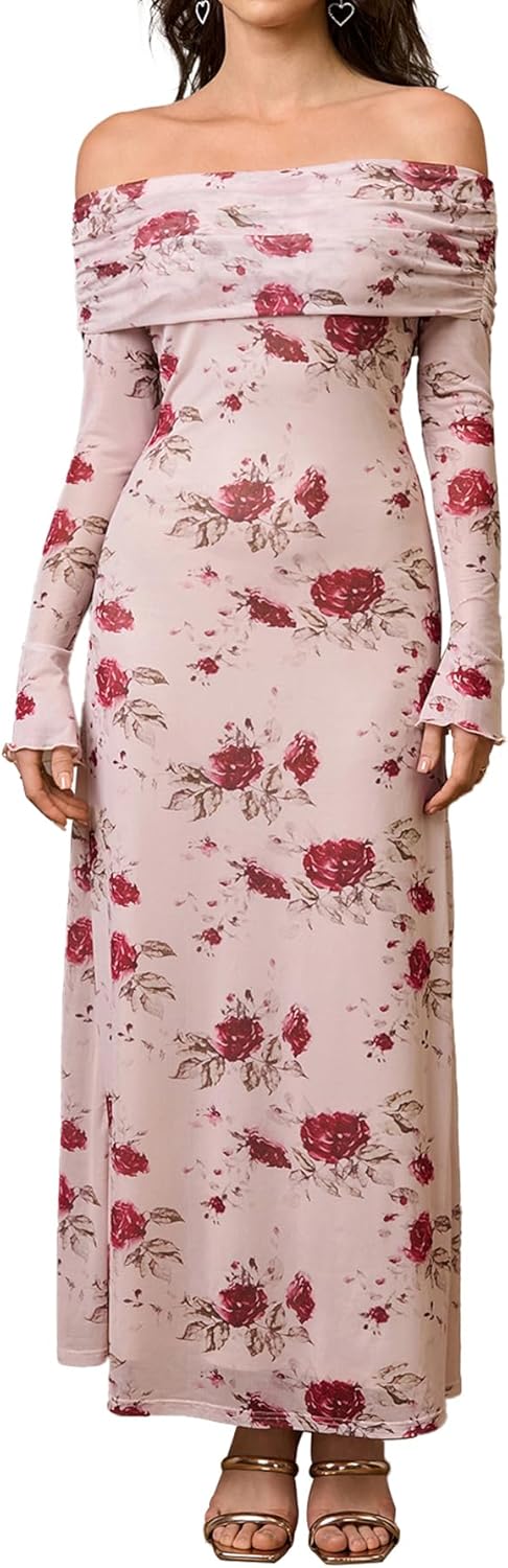 KUTUMAI Women Off Shoulder Bodycon Maxi Dress Long Sleeve Mesh Ruched Party Formal Wedding Guest Dresses
