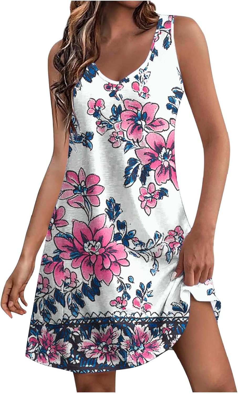 Womens 2025 Spring Summer Dresses Casual Floral Print V-Neck Tank Dress Curve Hem Pleated A-Line Sundresses