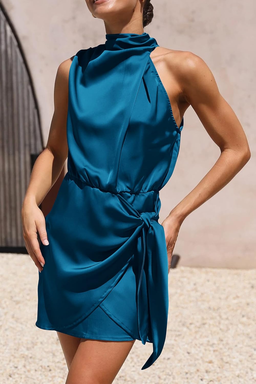 PRETTYGARDEN Women's Short Formal Satin Dress Summer Sleeveless Mock Neck Tie Waist Cocktail Party Dresses