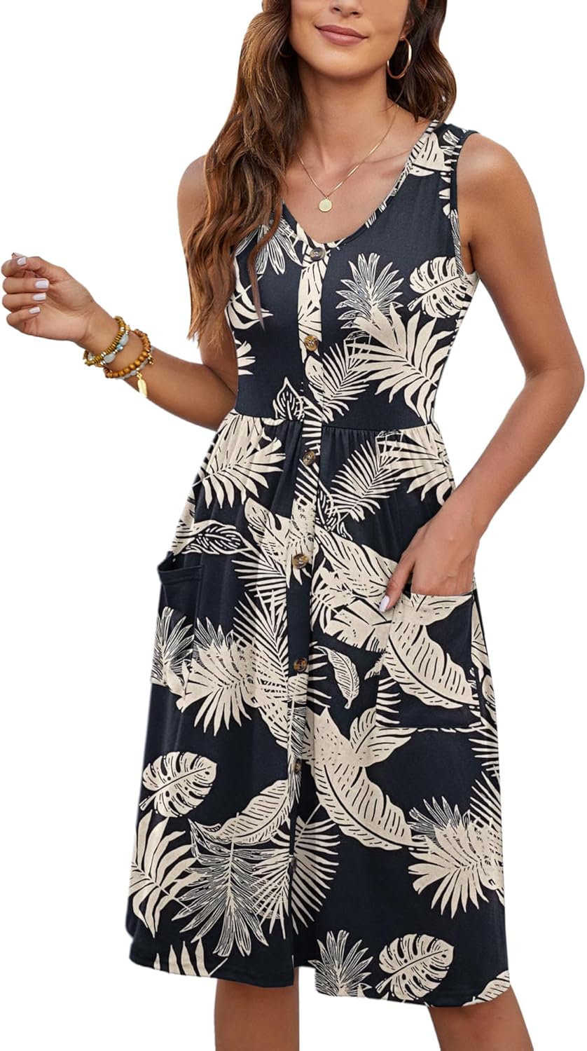 MOLERANI Women Summer Dresses Sleeveless Casual Loose Swing Button Down Midi Dress with Pockets