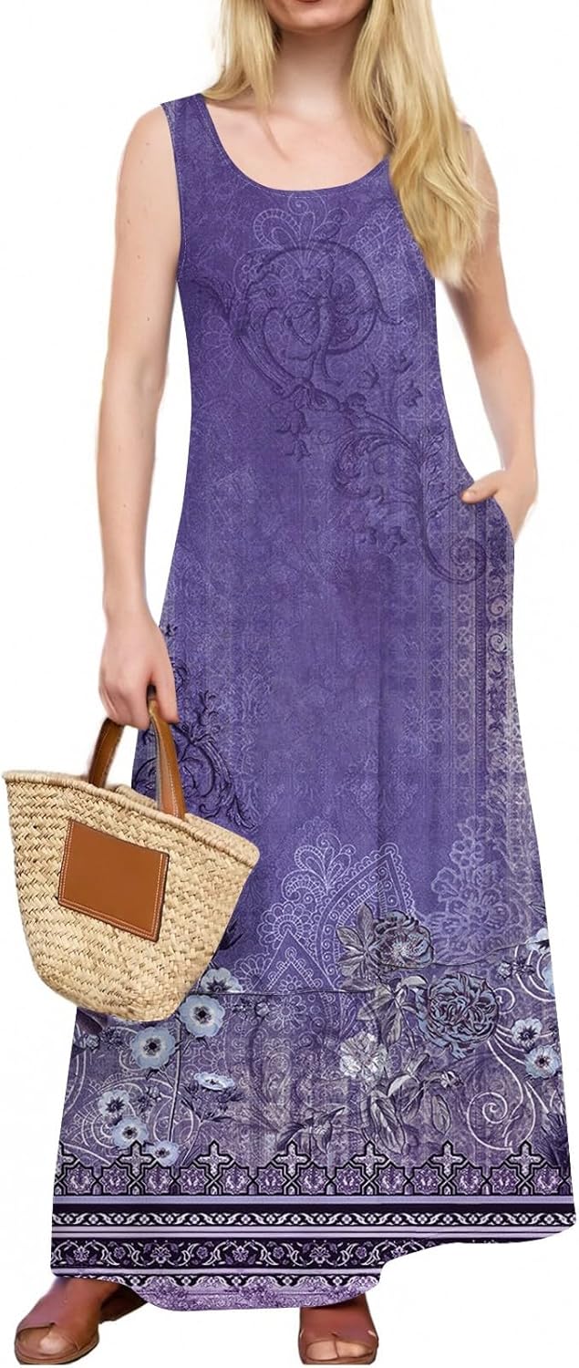 Womens Summer Tank Dress Vacation Boho Floral Long Dresses with Pockets Resort Wear Swing Beach Sleeveless Sundress