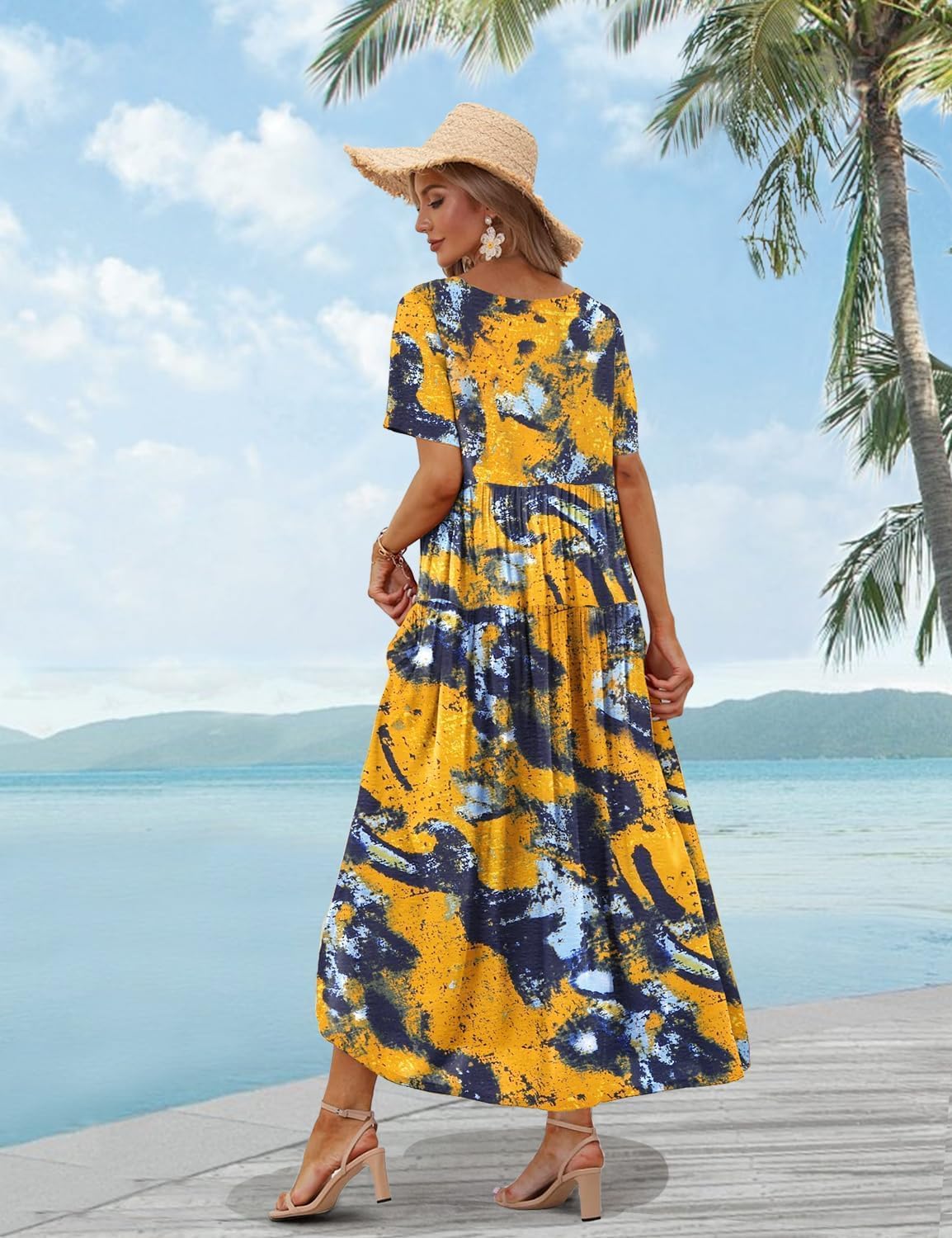 YESNO Women Casual Loose Bohemian Floral Dress with Pockets Short Sleeve Long Maxi Summer Beach Swing Dress EJF