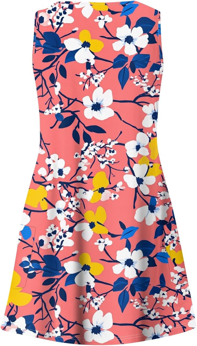 Women's Sleeveless Floral Print Summer Dress Casual V-Neck A-Line Mini Dress for Beach Party and Daily Wear