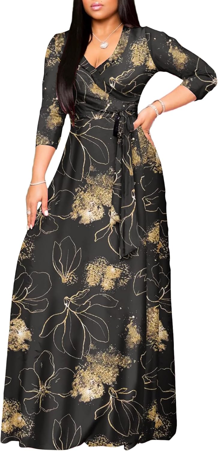 FANDEE Plus Size Maxi Dress for Women Casual Summer Sundress V-Neck 3/4 Sleeve