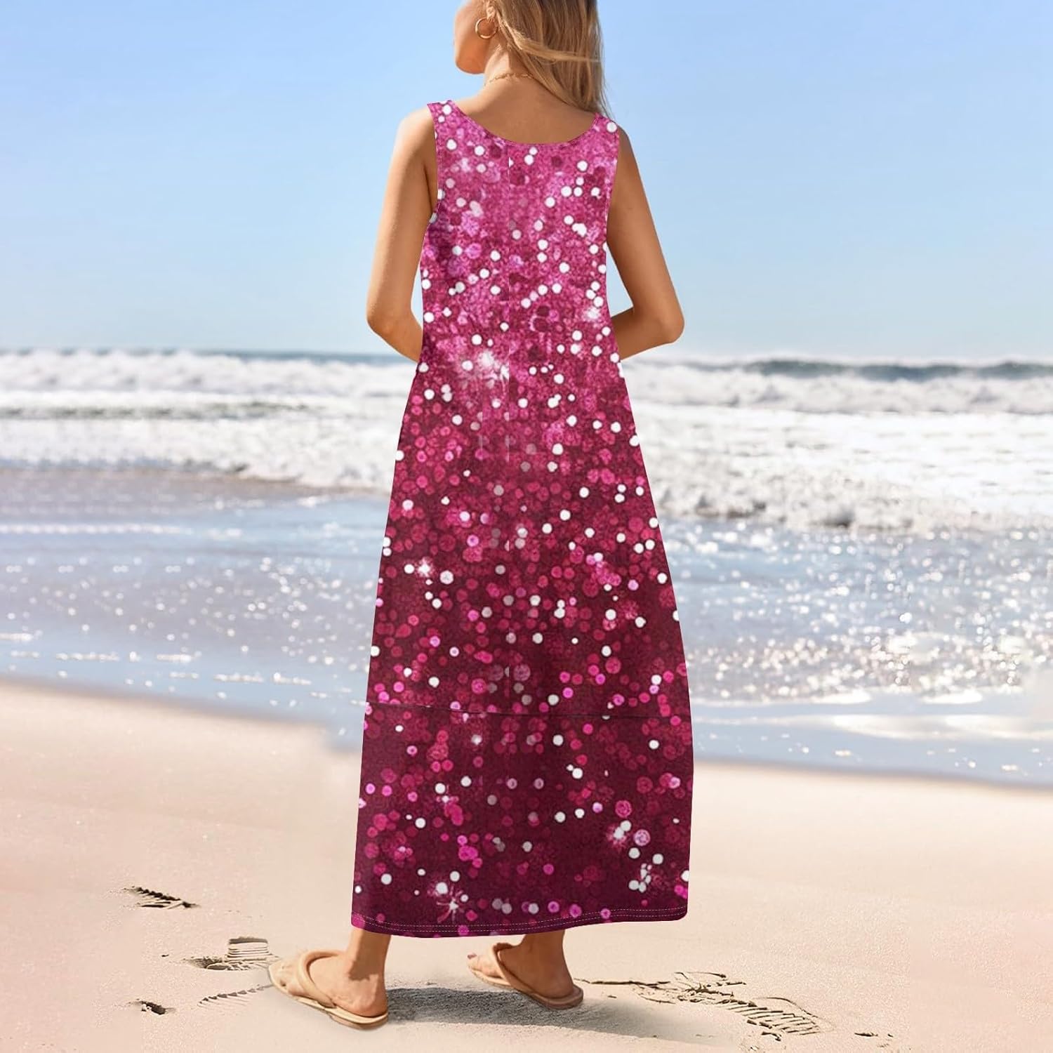 Womens Summer Tank Dress Vacation Boho Floral Long Dresses with Pockets Resort Wear Swing Beach Sleeveless Sundress