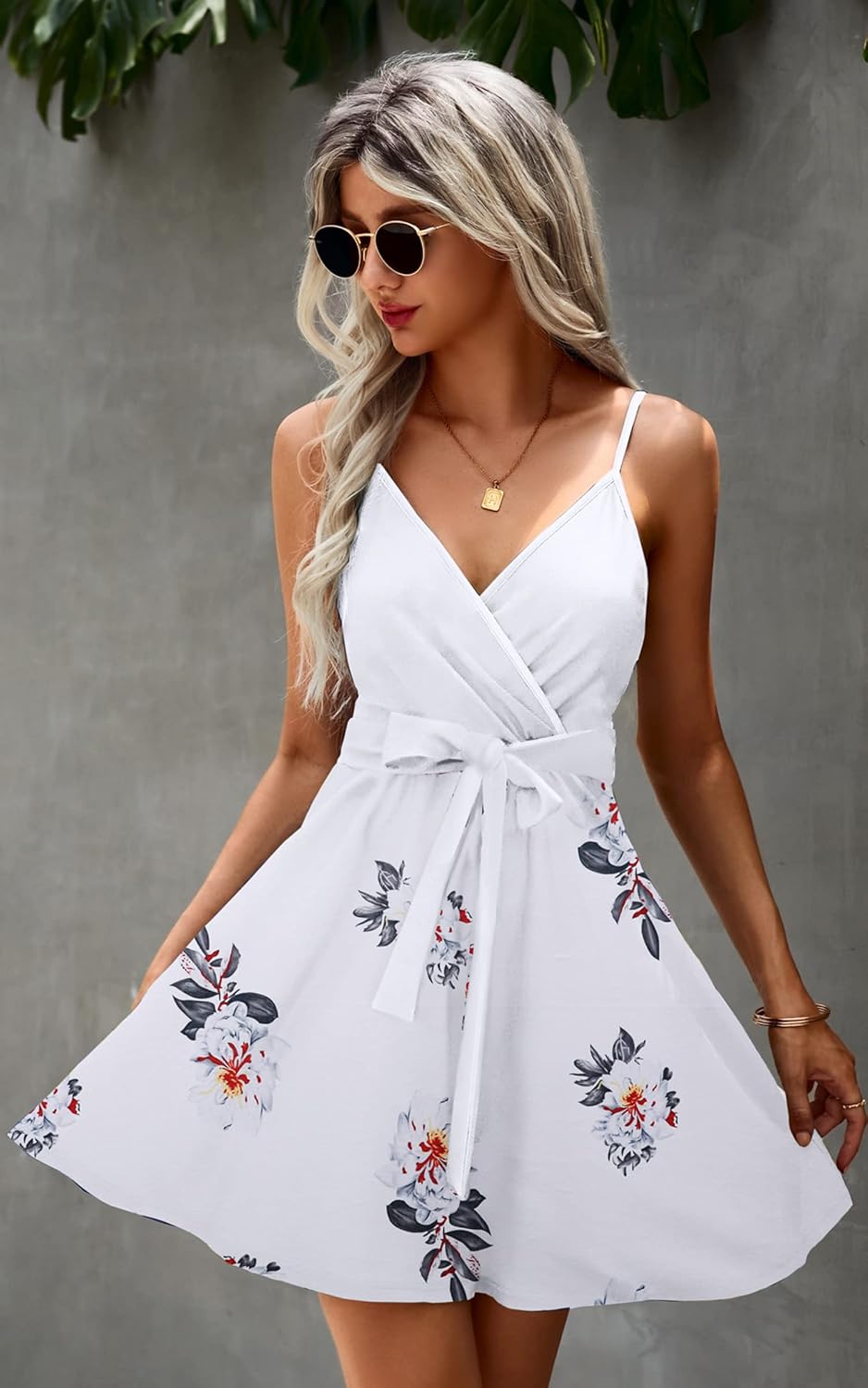 ECOWISH Summer Dresses for Women 2025 V-Neck Spaghetti Strap Bowknot Backless Sleeveless Lace Mini Swing Skater Dress