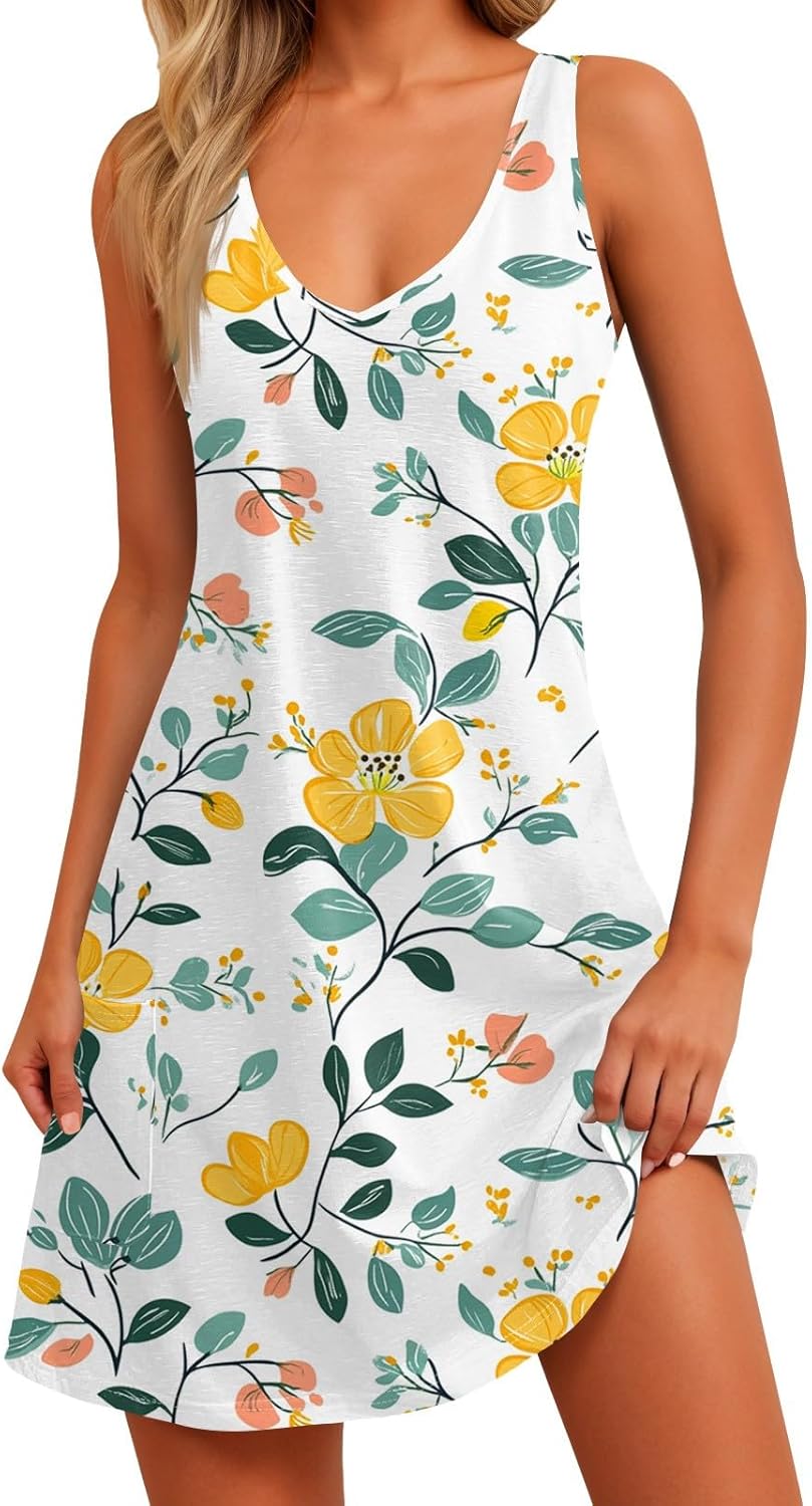 NBXNZWF Women Summer Casual Dress 2025 Casual Loose Sleeveless V-Neck Sundresses A Line Tshirt Beach Dresses with Pockets