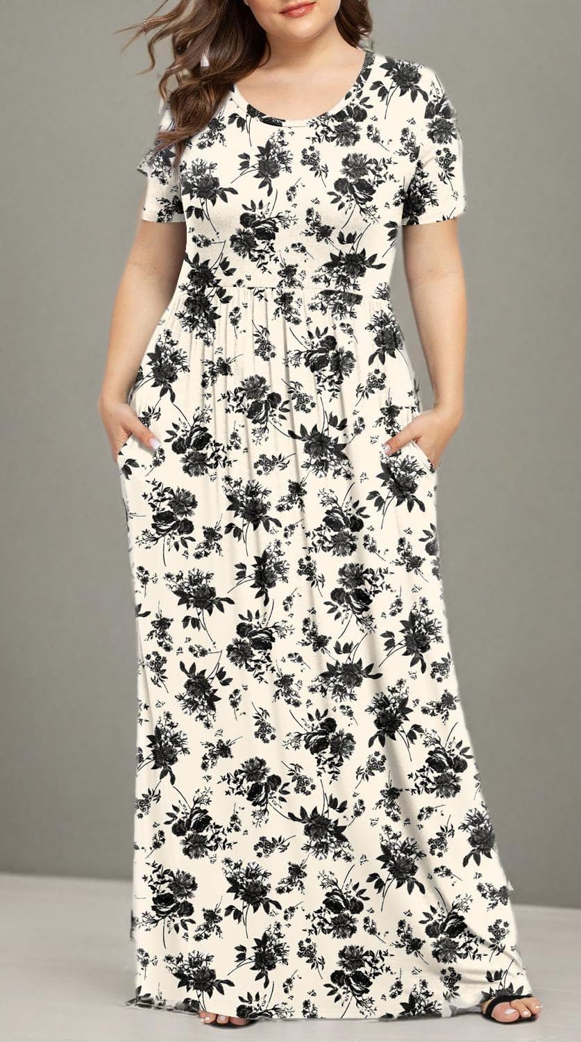 LONGYUAN Women's Plus Size Maxi Dresses for Curvy Women Summer Short Sleeve Casual 2025 Long Dress XL-6XL
