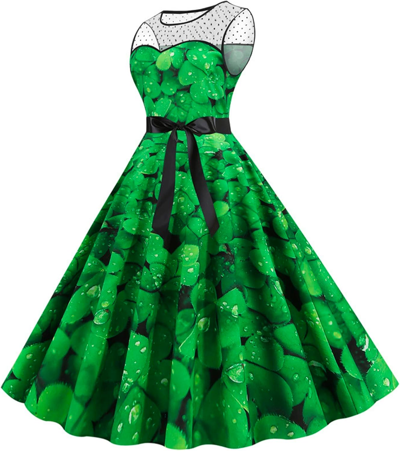 aihihe St Patricks Day Dress for Women A Line Pleated Hepburn Dress Lukcy Shamrock Print Irish Dress 2024 Vintage Dress
