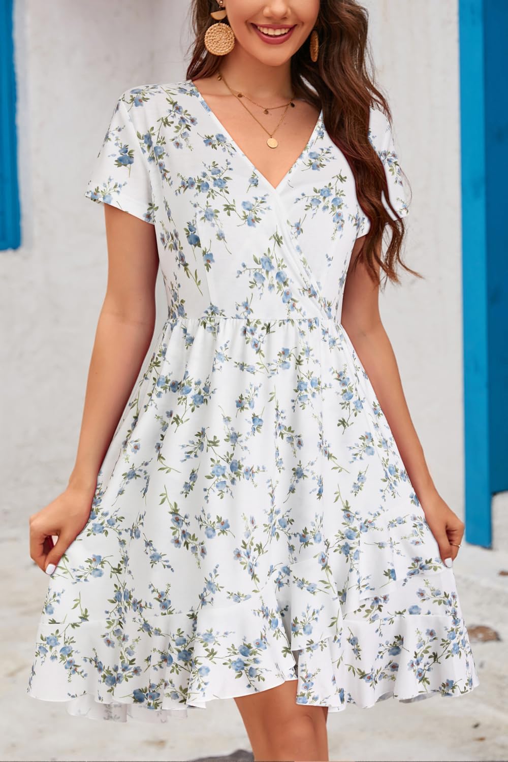 ULTRANICE Womens Summer Dresses Floral V Neck Ruffled Hem Spaghetti Spring Casual Beach Outfits Flowy Wrap Sun Dress
