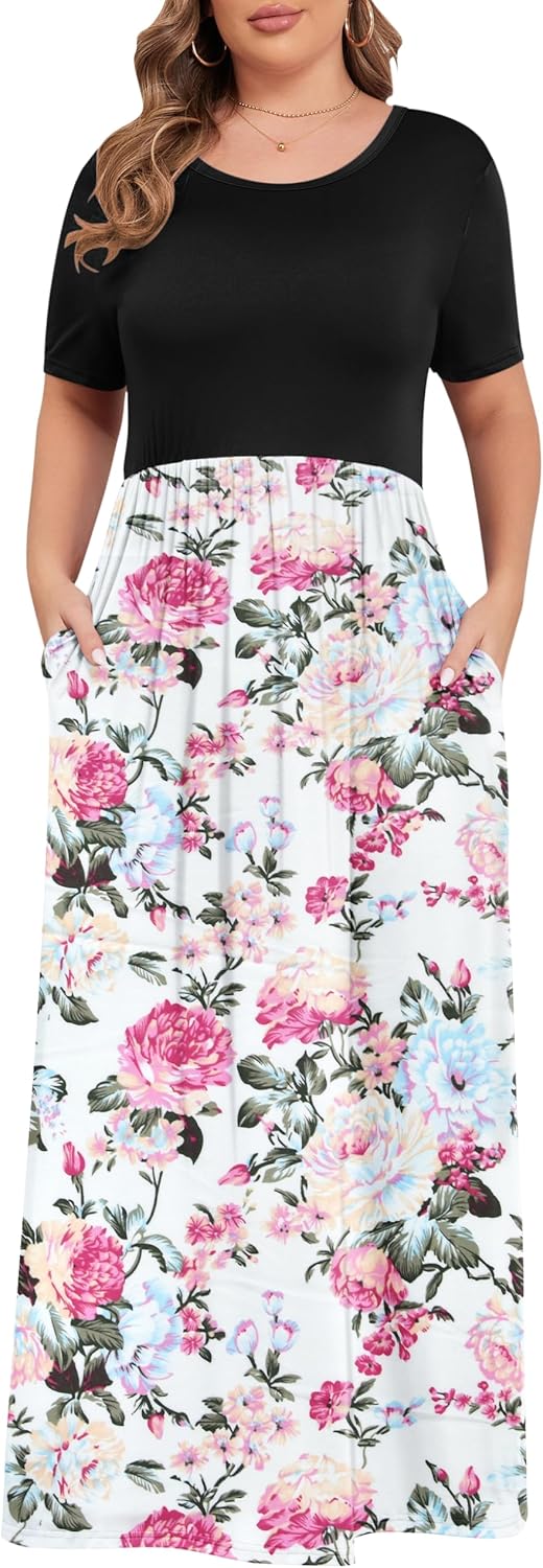 KARALIN Women’s Plus Size Maxi Dresses for Curvy Women Summer Casual Short Sleeve 2025 Long Dress 14W-26W