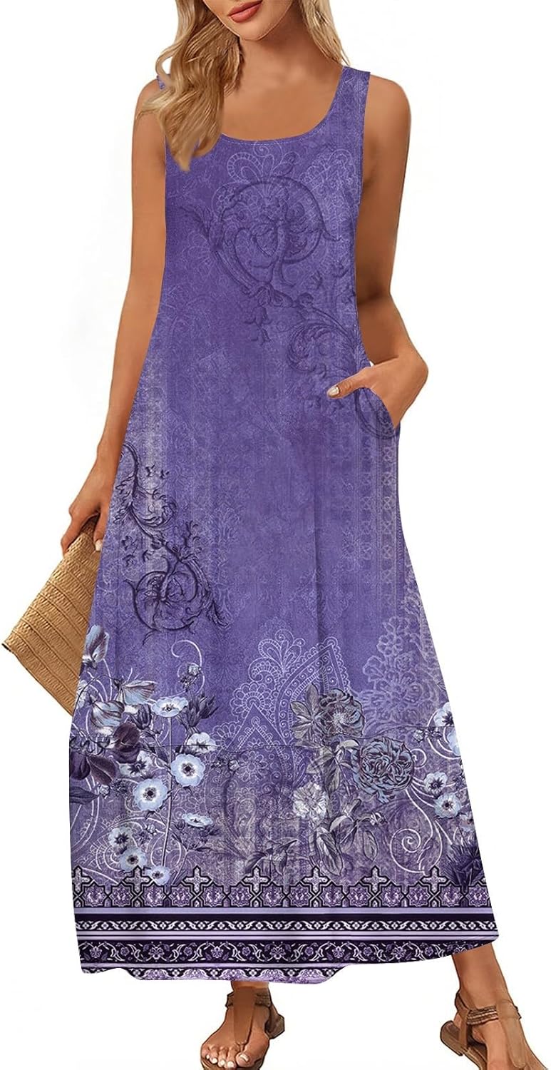 Womens Summer Tank Dress Vacation Boho Floral Long Dresses with Pockets Resort Wear Swing Beach Sleeveless Sundress