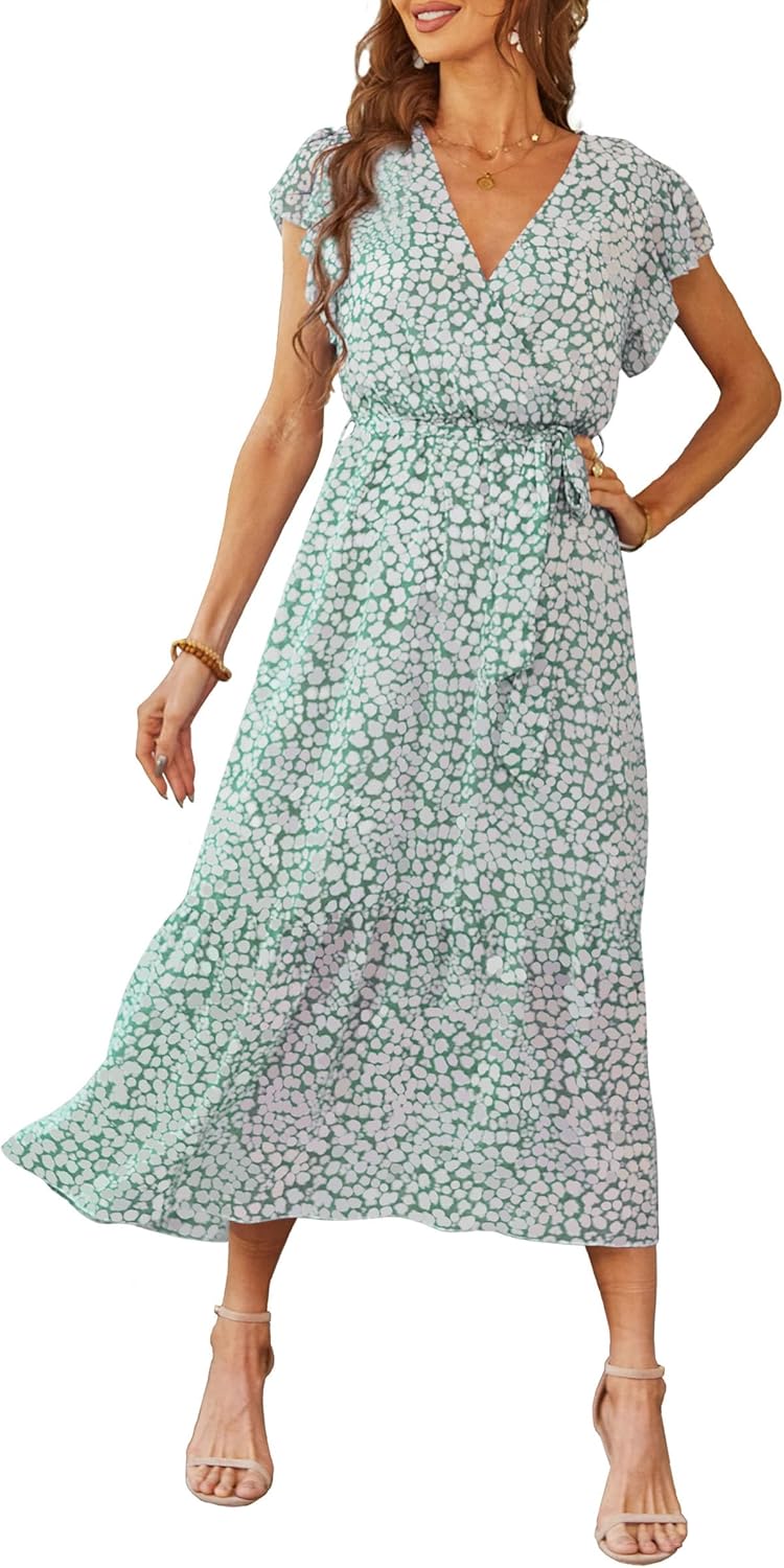 PRETTYGARDEN Women's Summer Floral Boho Dress Wrap V Neck Short Sleeve Ruffle A-Line Flowy Maxi Wedding Guest Dresses