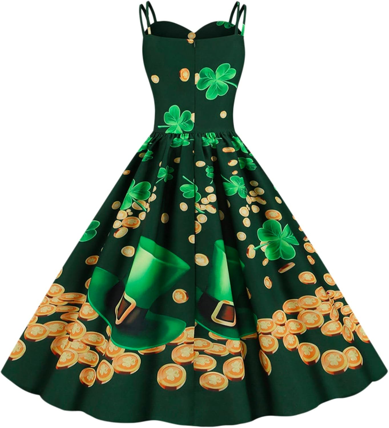 aihihe St Patricks Day Dress for Women A Line Pleated Hepburn Dress Lukcy Shamrock Print Irish Dress 2024 Vintage Dress