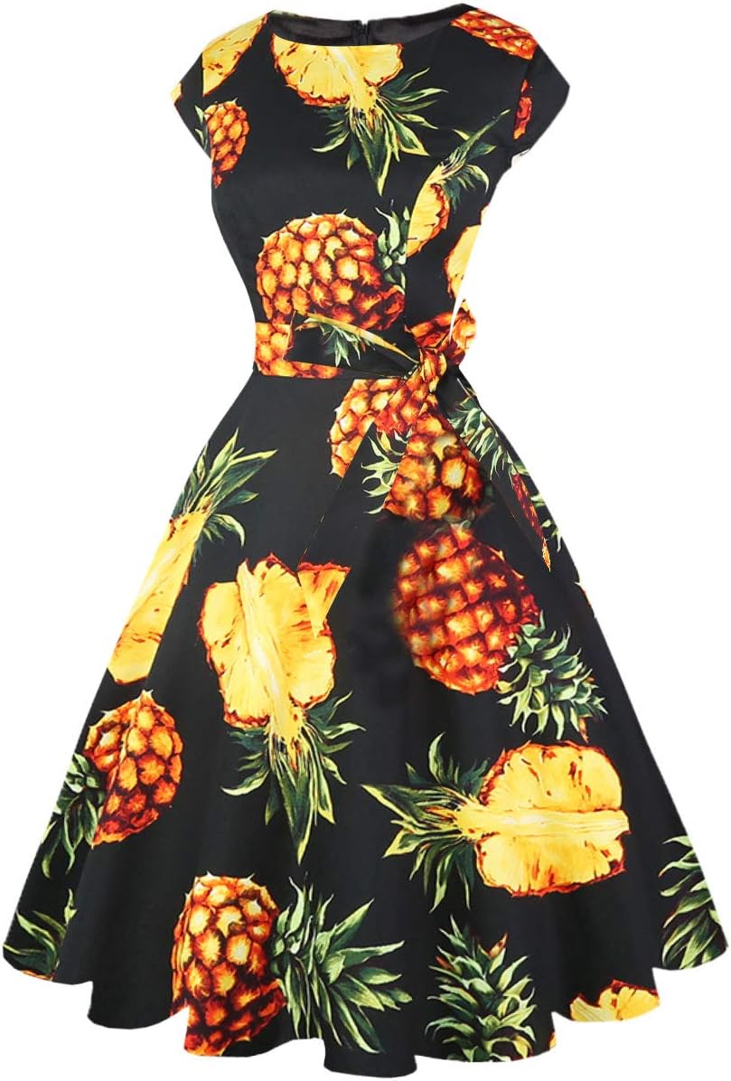 PUKAVT Women's 1950 Boatneck Cap Sleeve Vintage Swing Cocktail Party Dress with Pockets