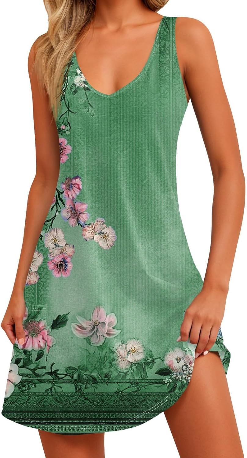 Women's Sleeveless Floral Print Summer Dress Casual V-Neck A-Line Mini Dress for Beach Party and Daily Wear