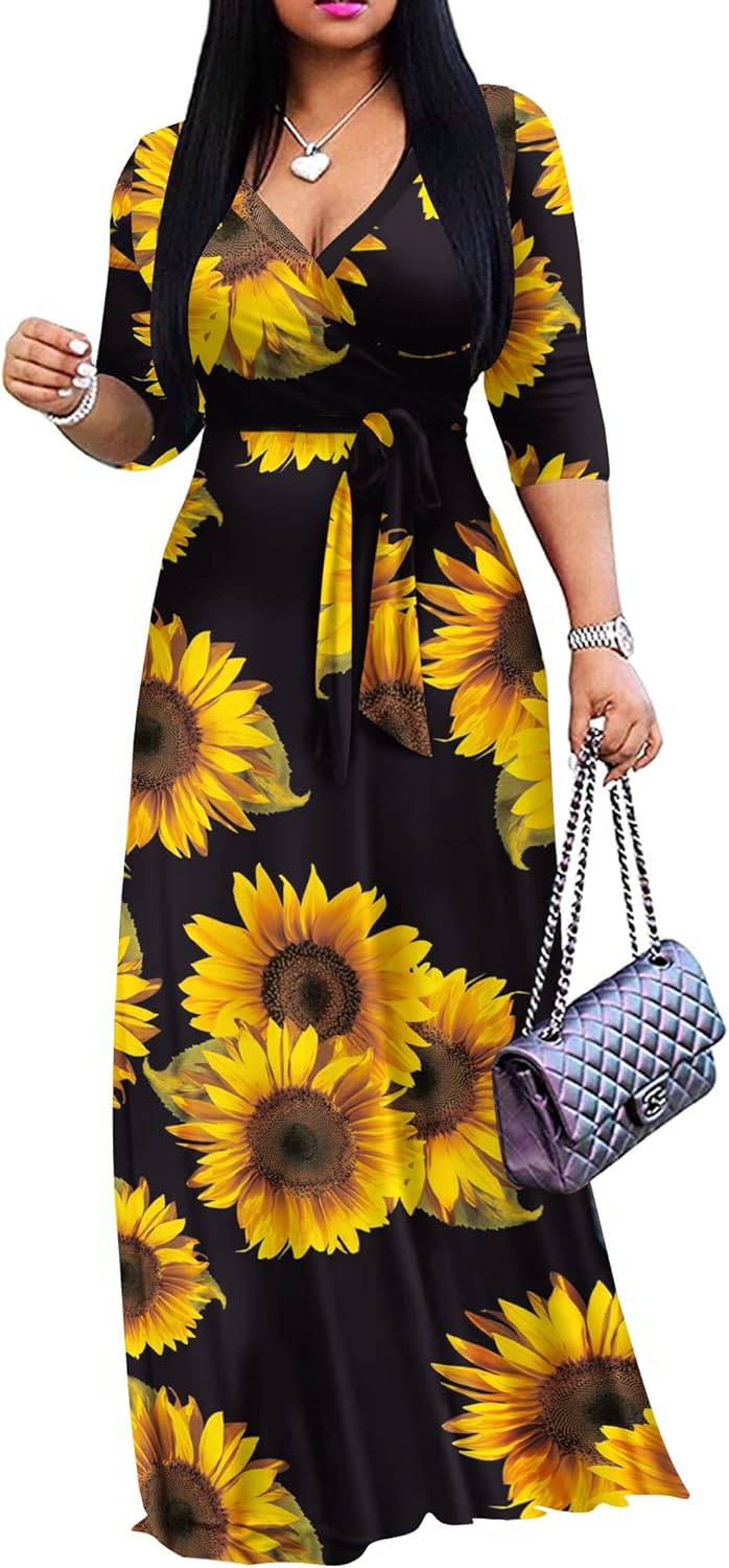 FANDEE Plus Size Maxi Dress for Women Casual Summer Sundress V-Neck 3/4 Sleeve