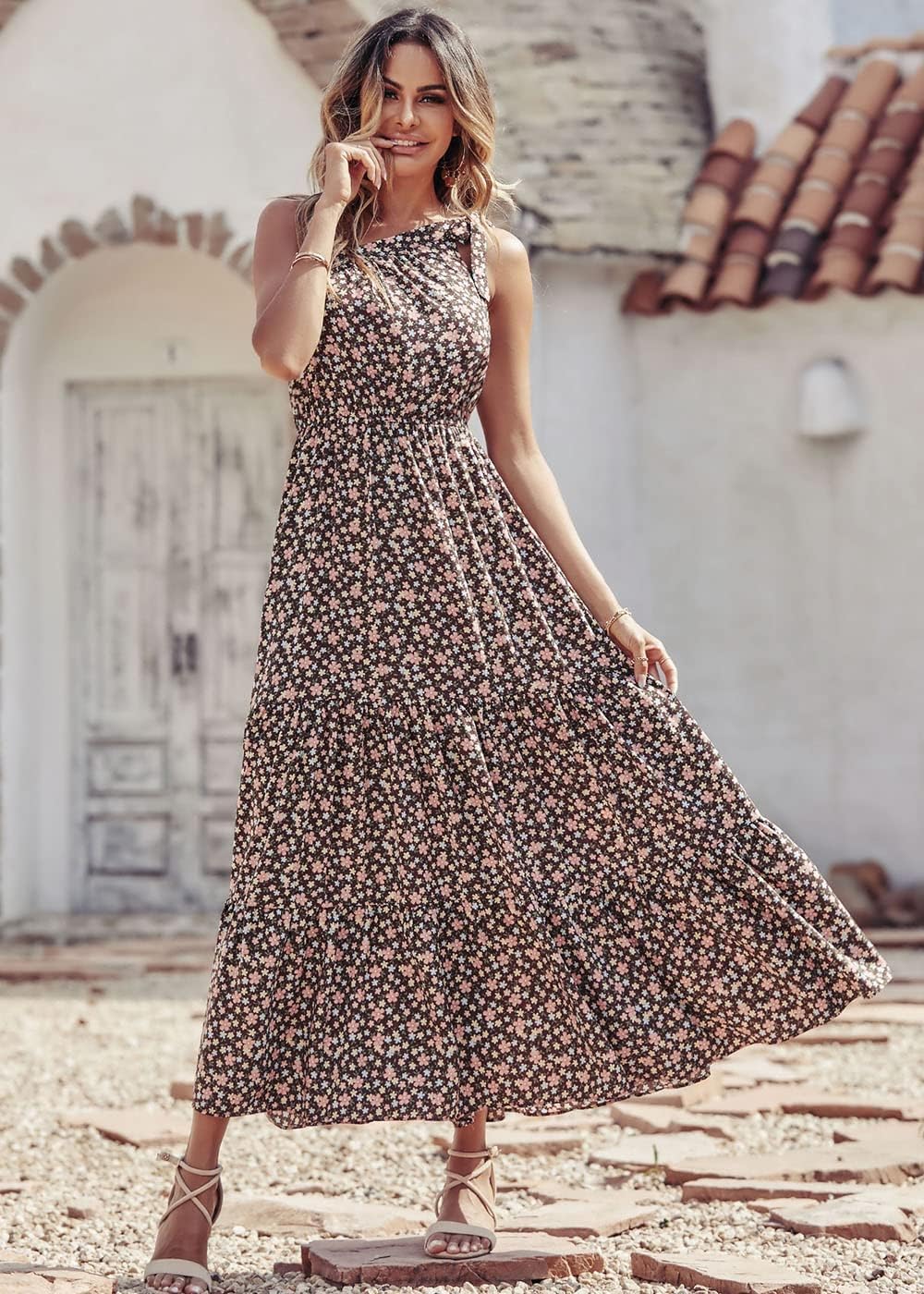 PRETTYGARDEN Women's Summer Floral Maxi Dress Knot One Shoulder Sleeveless Ruffle Flowy Boho Beach Wedding Guest Dresses