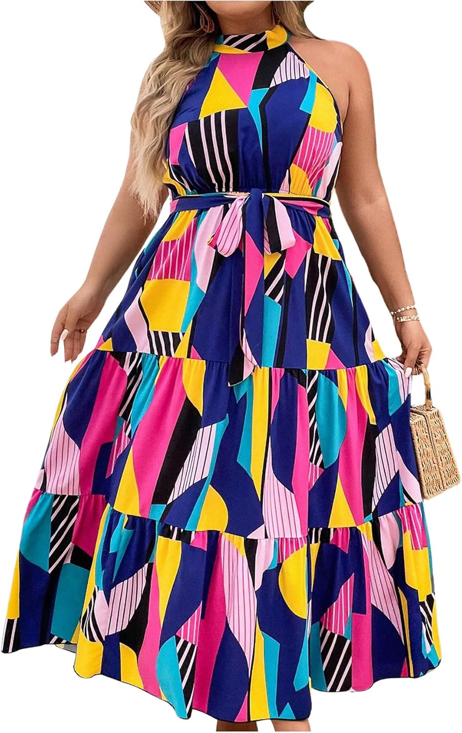 Floerns Women's Plus Size Boho Sleeveless Halter Neck Tie Back A Line Long Dress