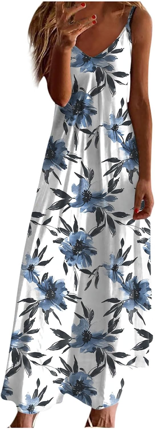 Womens Floral Maxi Dresses Spaghetti Strap Casual Summer Long Dress Vneck Flowy Boho Beach Sundress Vacation Outfits