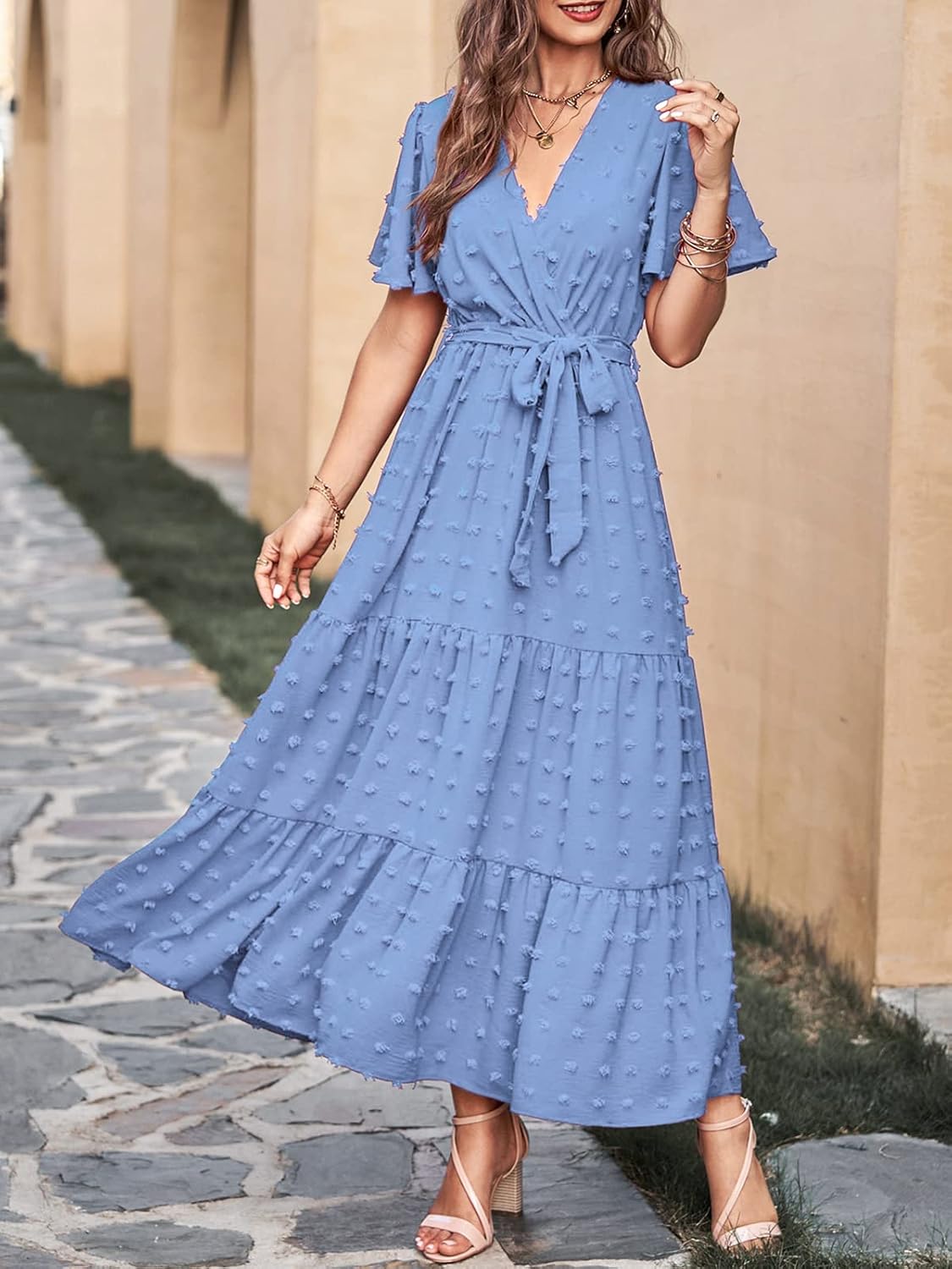 MASCOMODA Womens Boho Swiss Dot Maxi Dresses Wrap V Neck Flutter Short Sleeve Solid Tie Belt A Line Tiered Flowy Long Dress