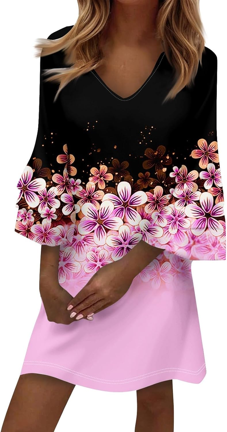 Beach Dresses for Women,2025 Summer Trendy Floral Print Boho Dress,Casual Loose V Neck Bell 3/4 Sleeve Mini Dress