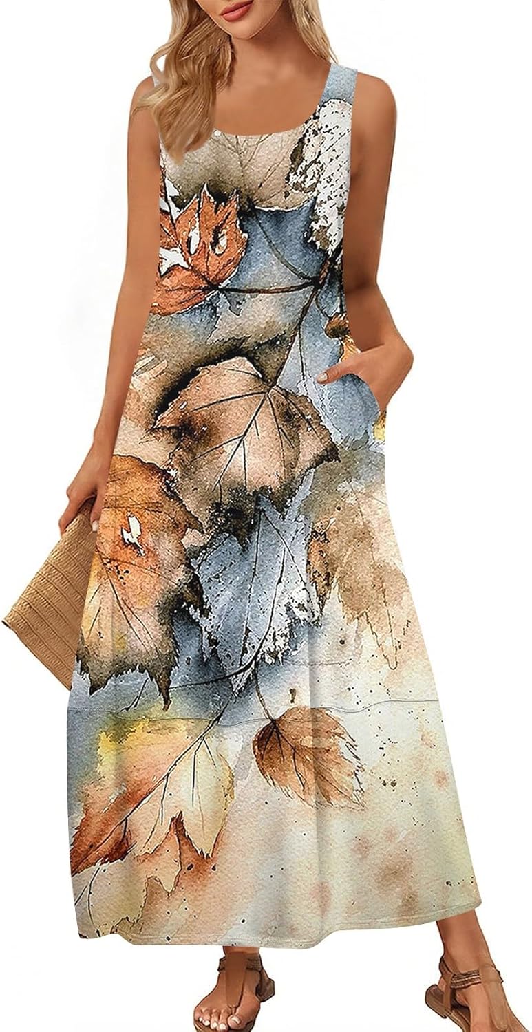 Womens Summer Tank Dress Vacation Boho Floral Long Dresses with Pockets Resort Wear Swing Beach Sleeveless Sundress