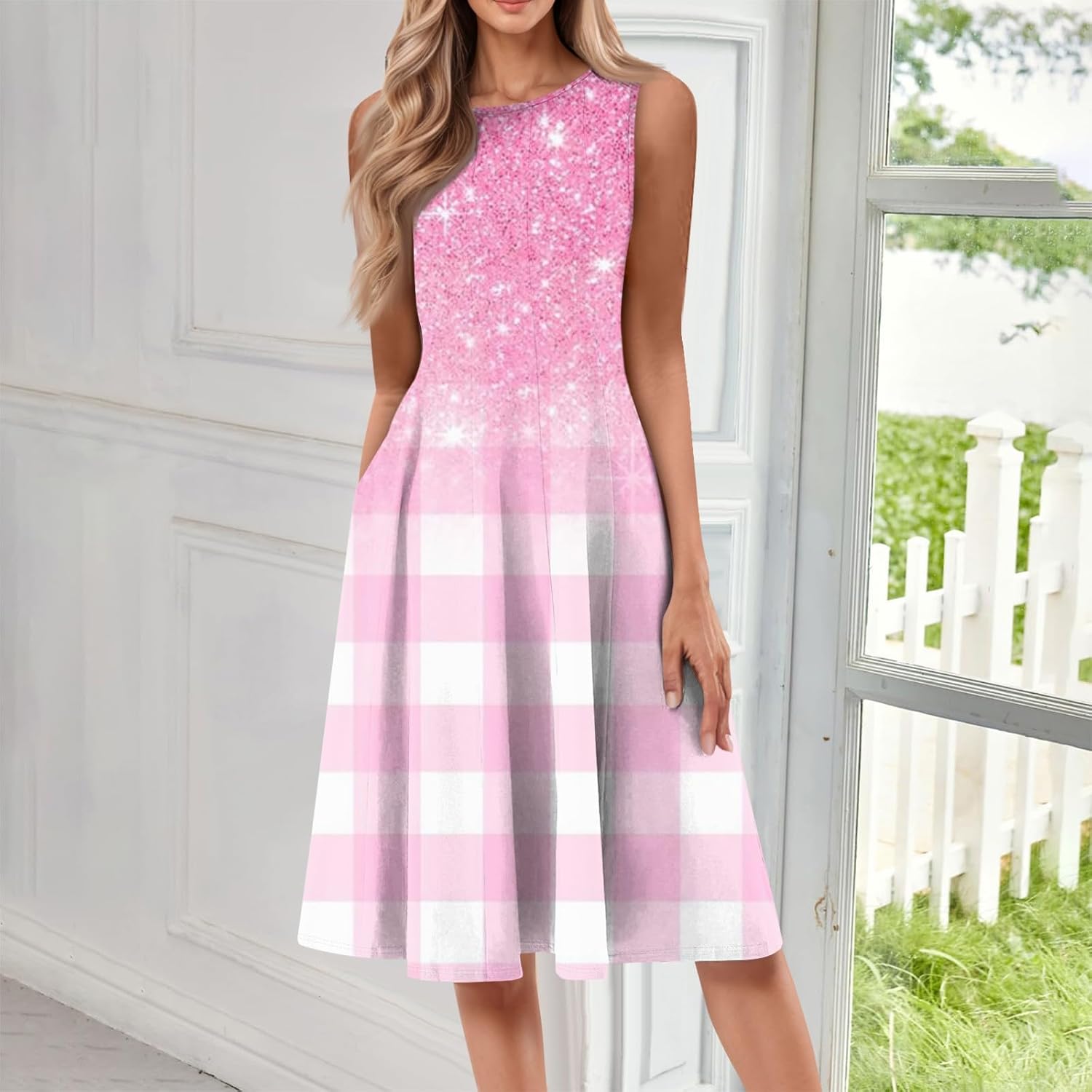 Womens Tank Sundress 2025 Casual Floral Print Tshirt Dress Swing Sleeveless Midi Dress Crewneck Pleated Summer Dresses