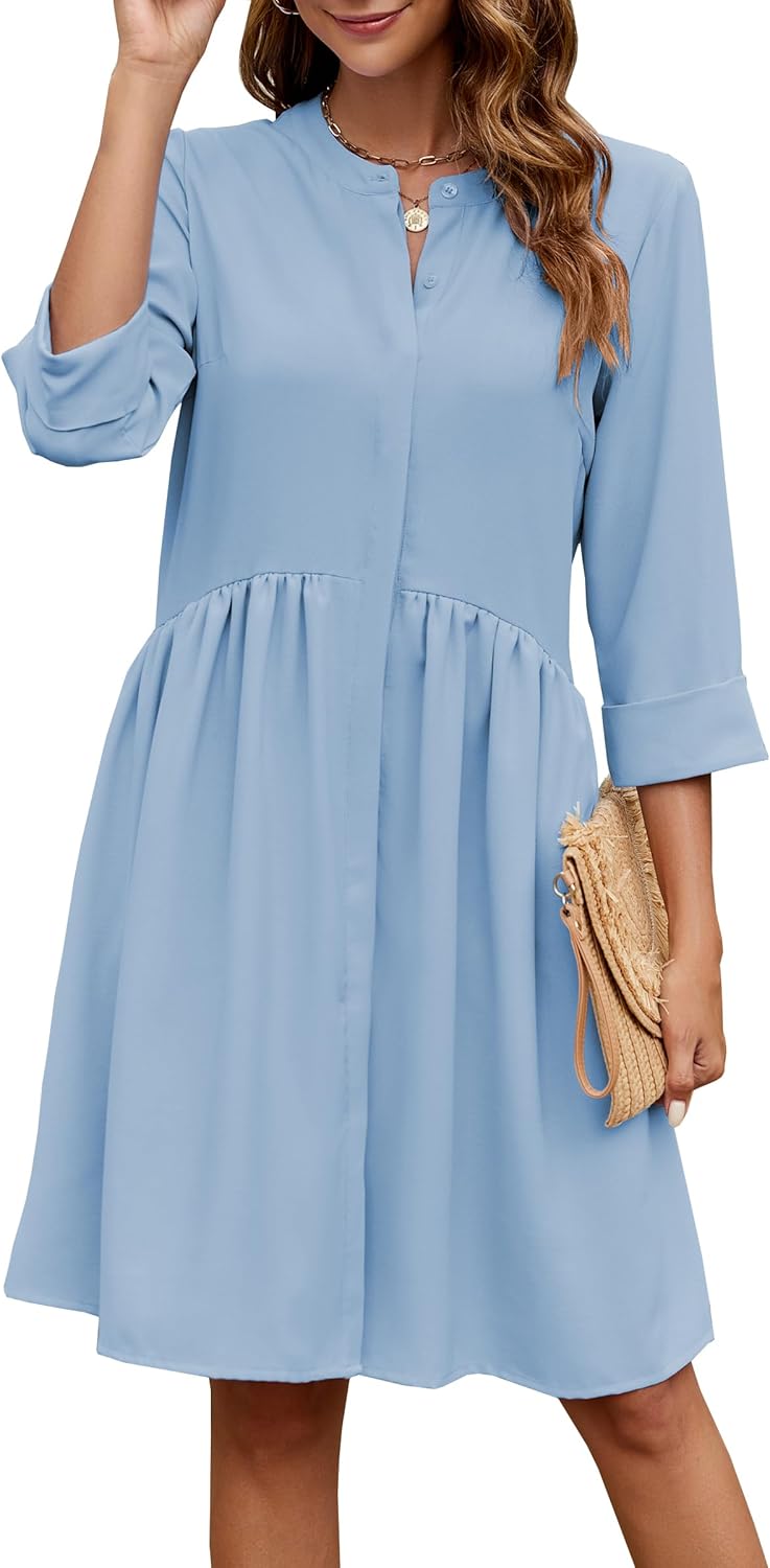 CCTOO Women's Summer Dresses Casual V Neck Button Down 3/4 Sleeve Floral Print Loose Flowy Shirt Dress