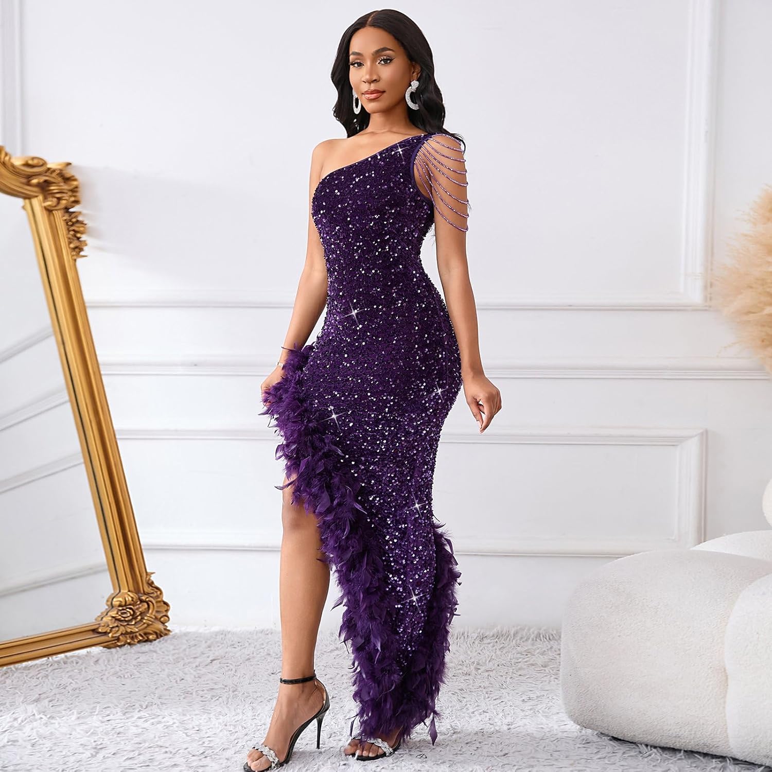 Cololura Women Sequin Elegant Sexy Tassels One Shoulder Mermaid Bodycon Cocktail Evening Midi Party Formal Dress