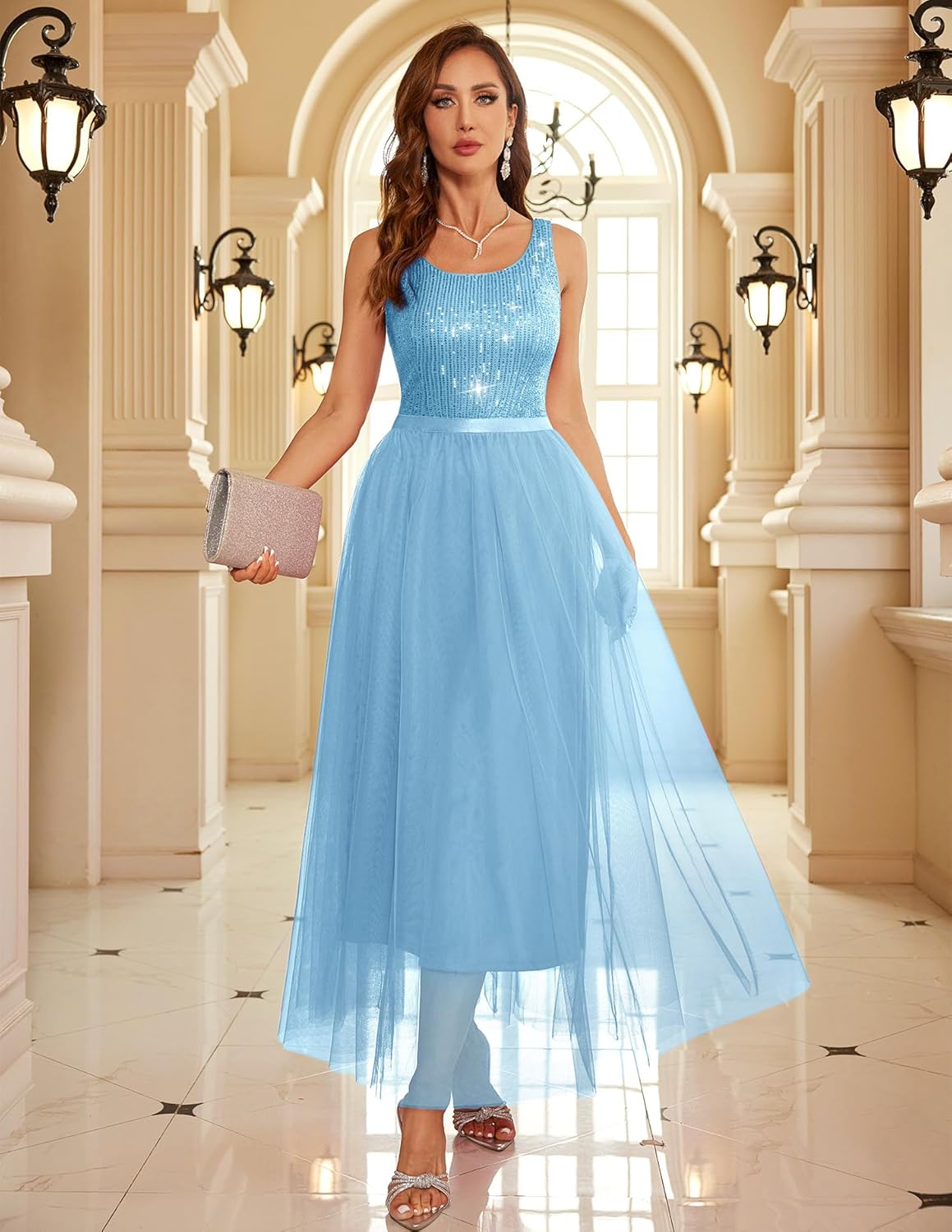 BeryLove Sequin Dress for Woman Vintage A Line Wedding Formal Swing Mesh Dress Sleeveless Cocktail Maxi Gowns