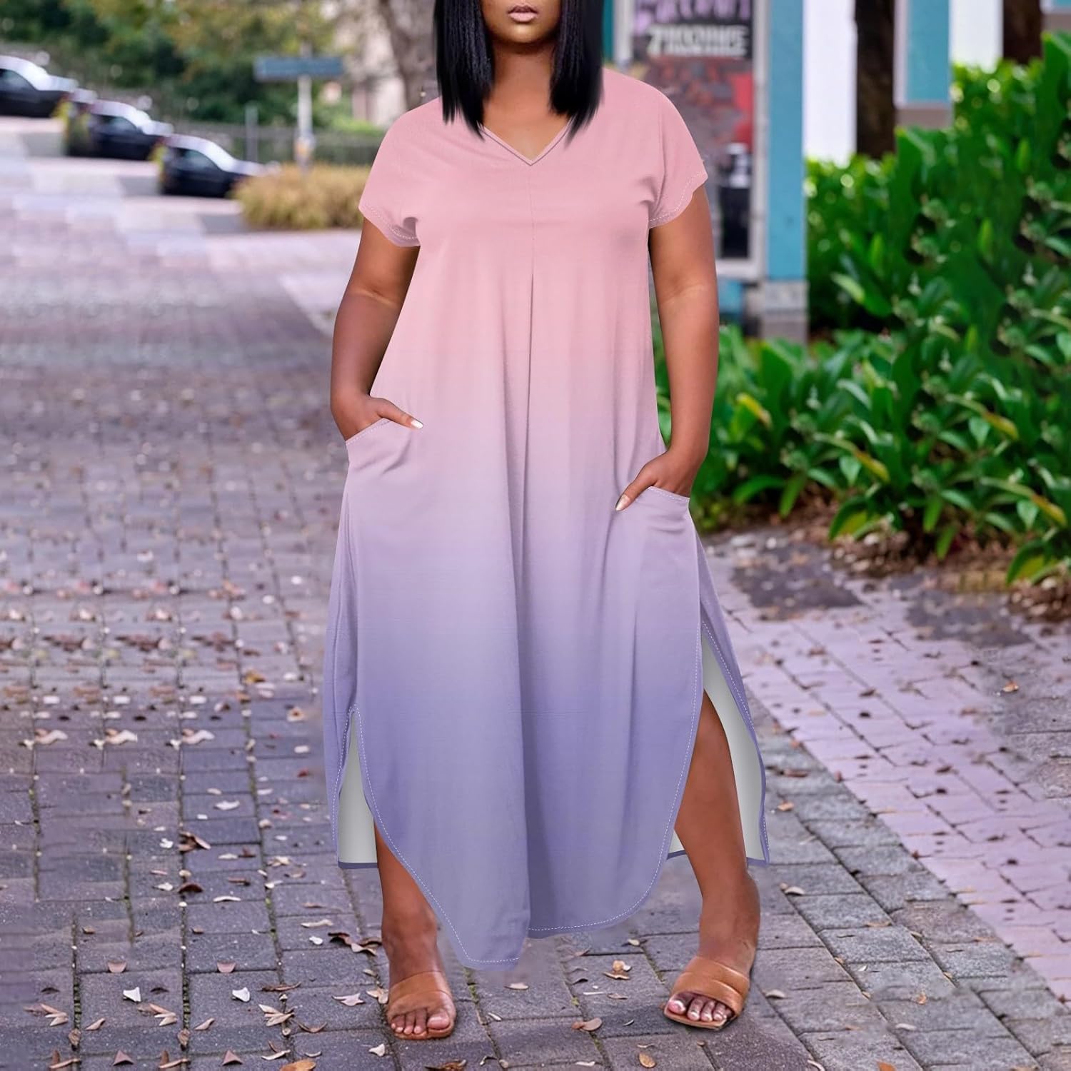 Maxi Dresses for Women 2025 Plus Size Tie Dye V Neck Dress Short Sleeve Side Split Beach Summer Sundress with Pocket